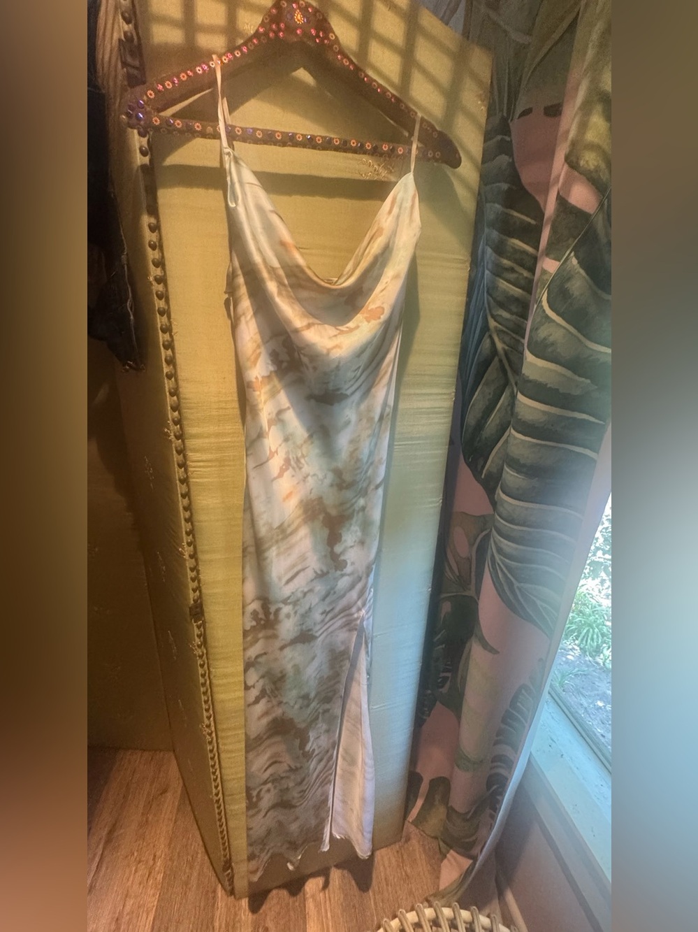 Tie dye Cowl Neck Maxi Slip Dress in Cream and Sage